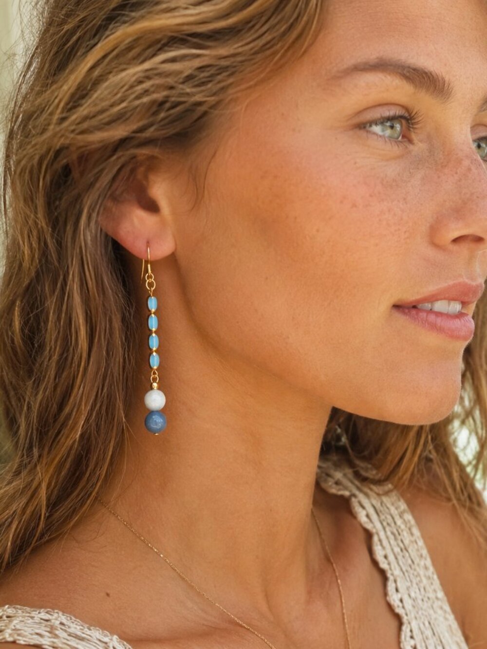 Porcelain & Aventurine Dangle Earrings – Coastal Grandmother, Boho Gold Jewelry - Picture 3 of 12